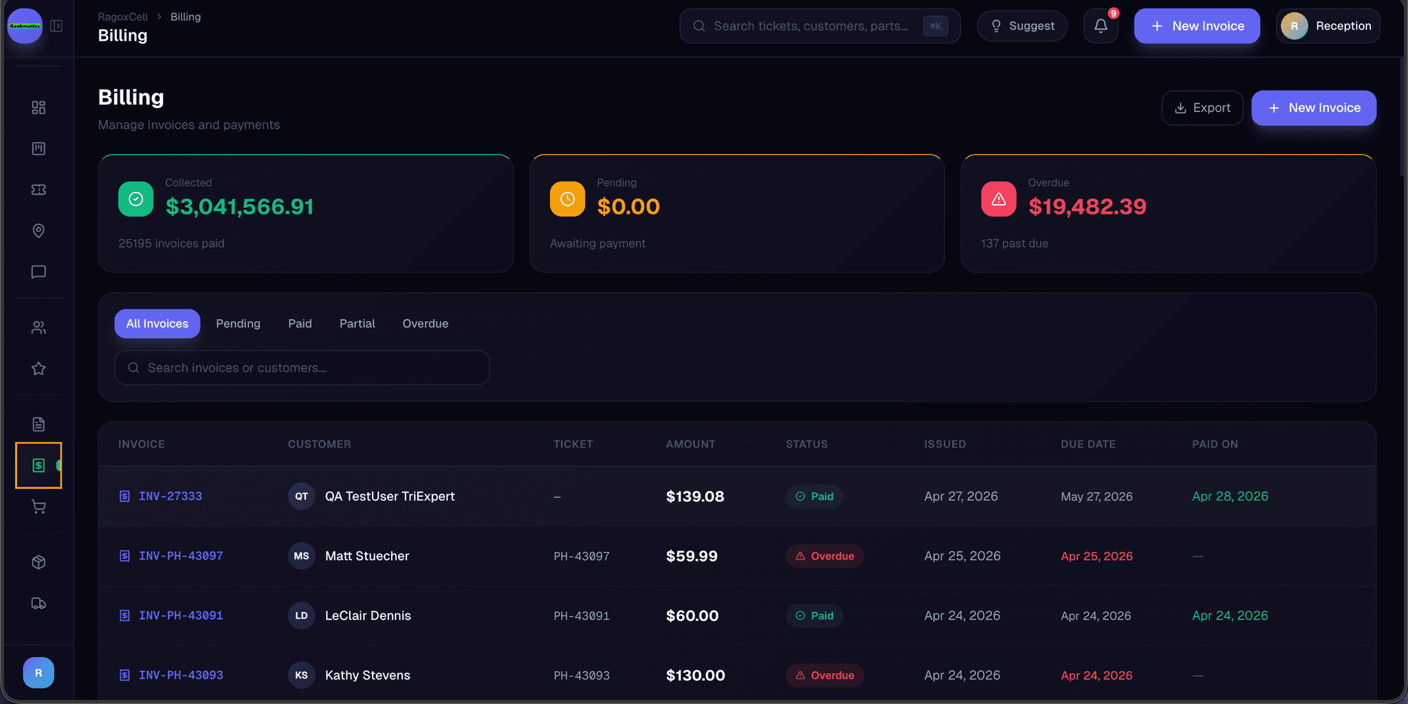 Invoice list with status, totals, and Stripe payment links