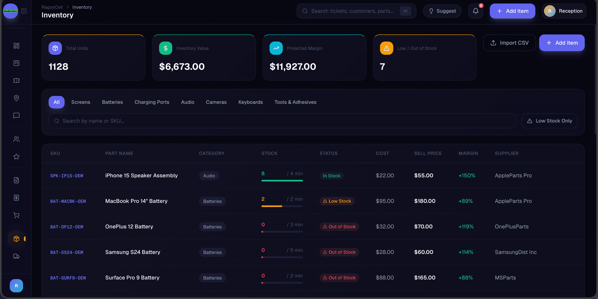 Inventory dashboard with SKUs, stock levels, and low-stock alerts
