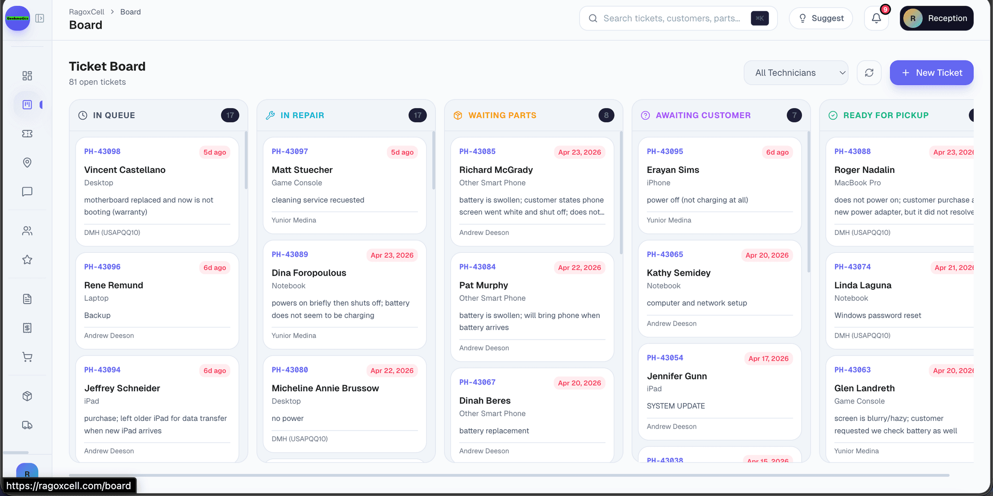 Repair ticket pipeline with photos, status, and assignee details